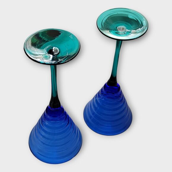 Pier 1 Cobalt Blue Teal Stem Beehive Wine Glasses Water Goblet 2 Pcs 9 Inches - Picture 2 of 12